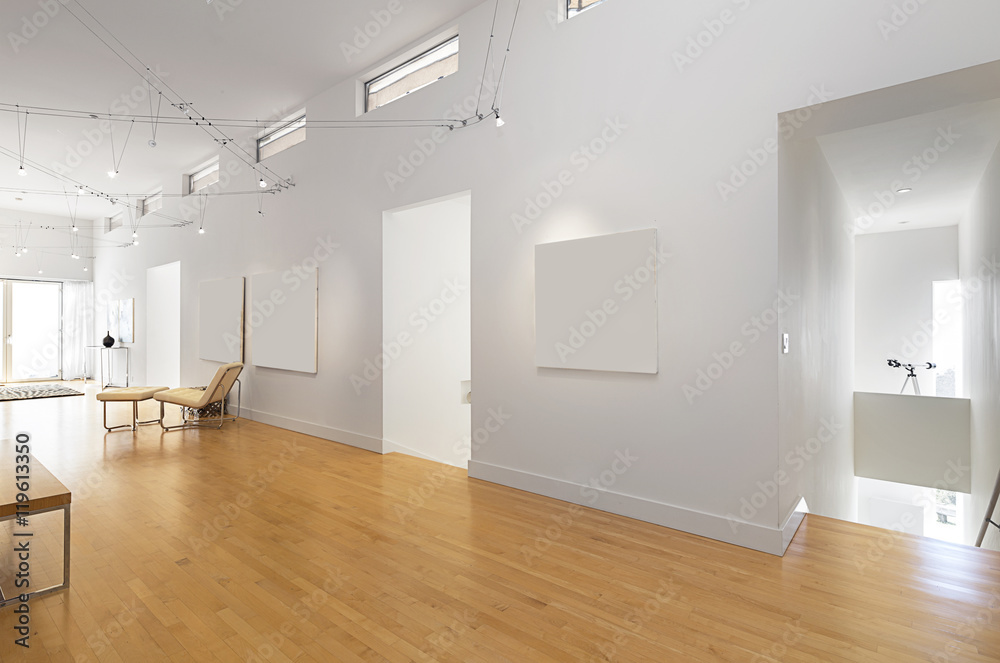 Fototapeta premium Gallery type hallway with wooden floor and and copy space for yo