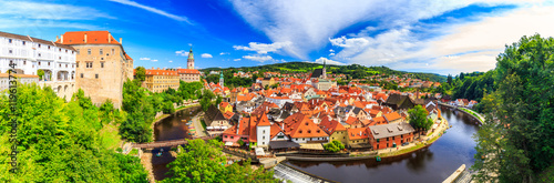 Beautiful panoramic landmark view to church and castle in Cesky Krumlov, Czech republic. UNESCO World Heritage Site photo