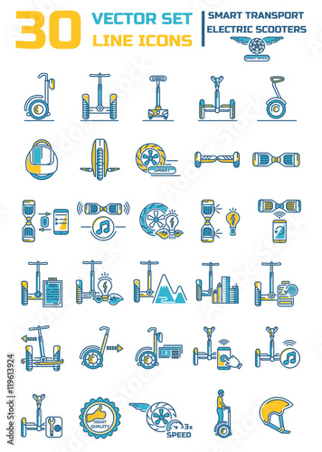 Set of linear icons on the topic of the smart eco transport. Mod