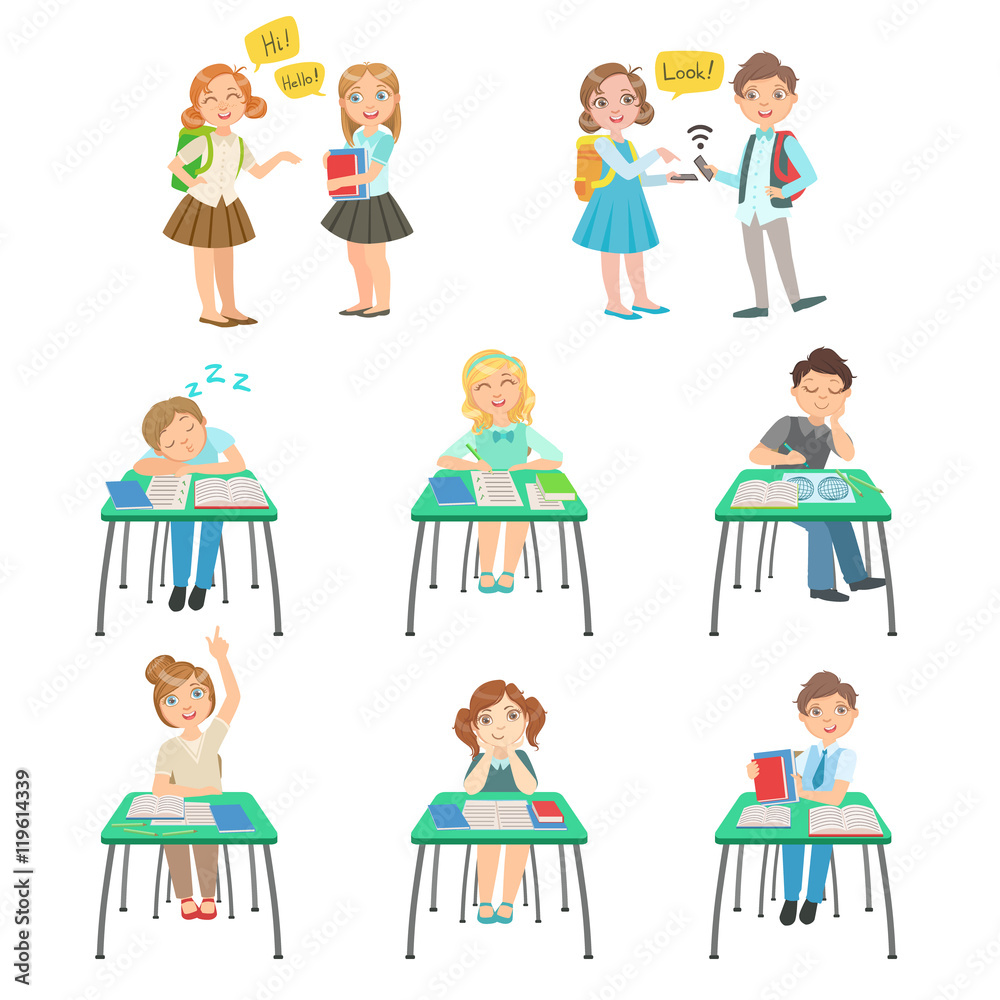 Children At School Sitting In Class And Chatting With Friends Children At School Sitting In Class And Chatting With Friends
