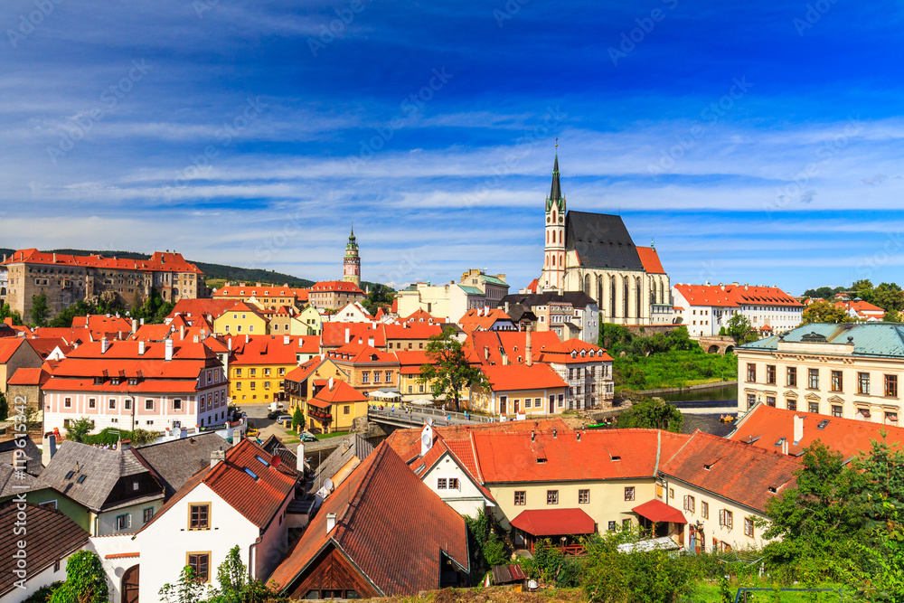 Beautiful panoramic landmark view to church and castle in Cesky Krumlov, Czech republic. UNESCO World Heritage Site