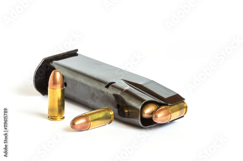 bullets and magazine handgun pistol weapon on white background