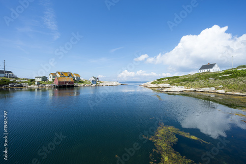 Scenic landscape view of the calm waters of the harbour in the fishing village of Peggy s Cove  in Halifax  Nova Scotia  Canada