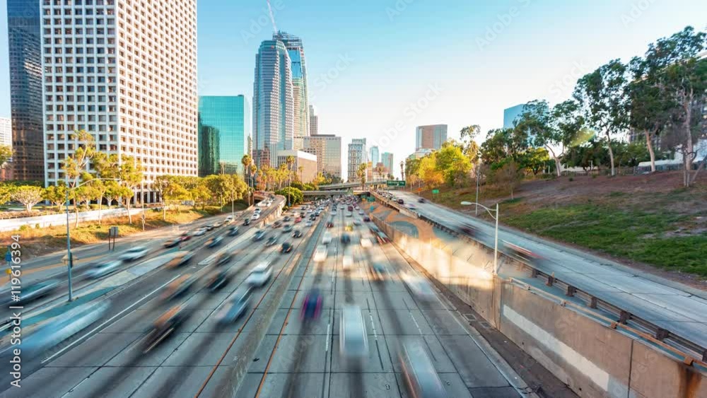 Time-lapse of rush hour freeway traffic in downtown Los Angeles, CA on route 110