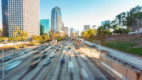 Time-lapse of rush hour freeway traffic in downtown Los Angeles, CA on route 110