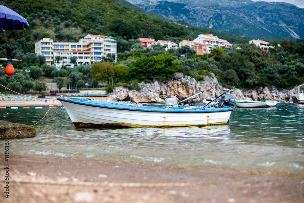 Fishing boat in the Bay of Milocher.Montenegro 