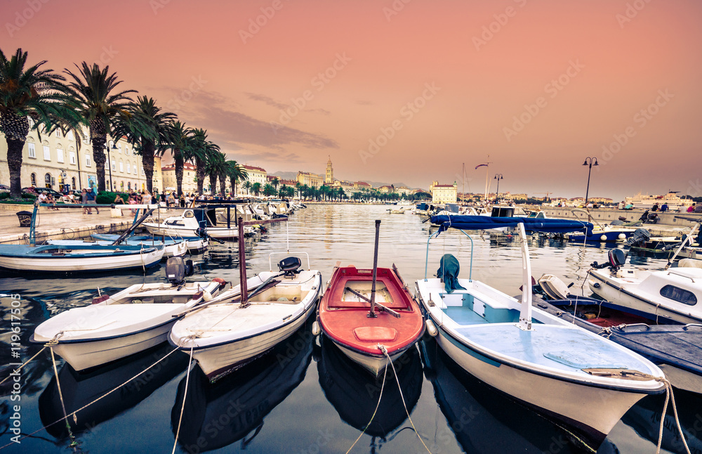 Obraz premium Picturesque scenery of the waterfront and harbor in Split, Croatia, Dalmatia County