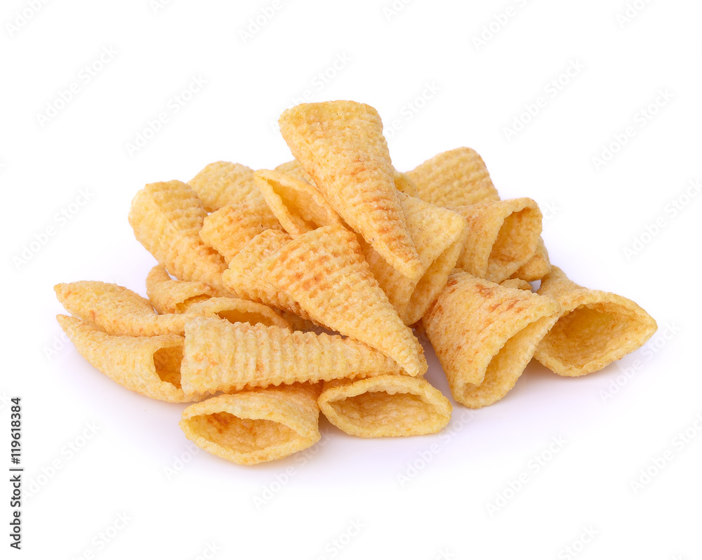 Crunchy corn snacks on a white background Crunchy corn snacks on a white background