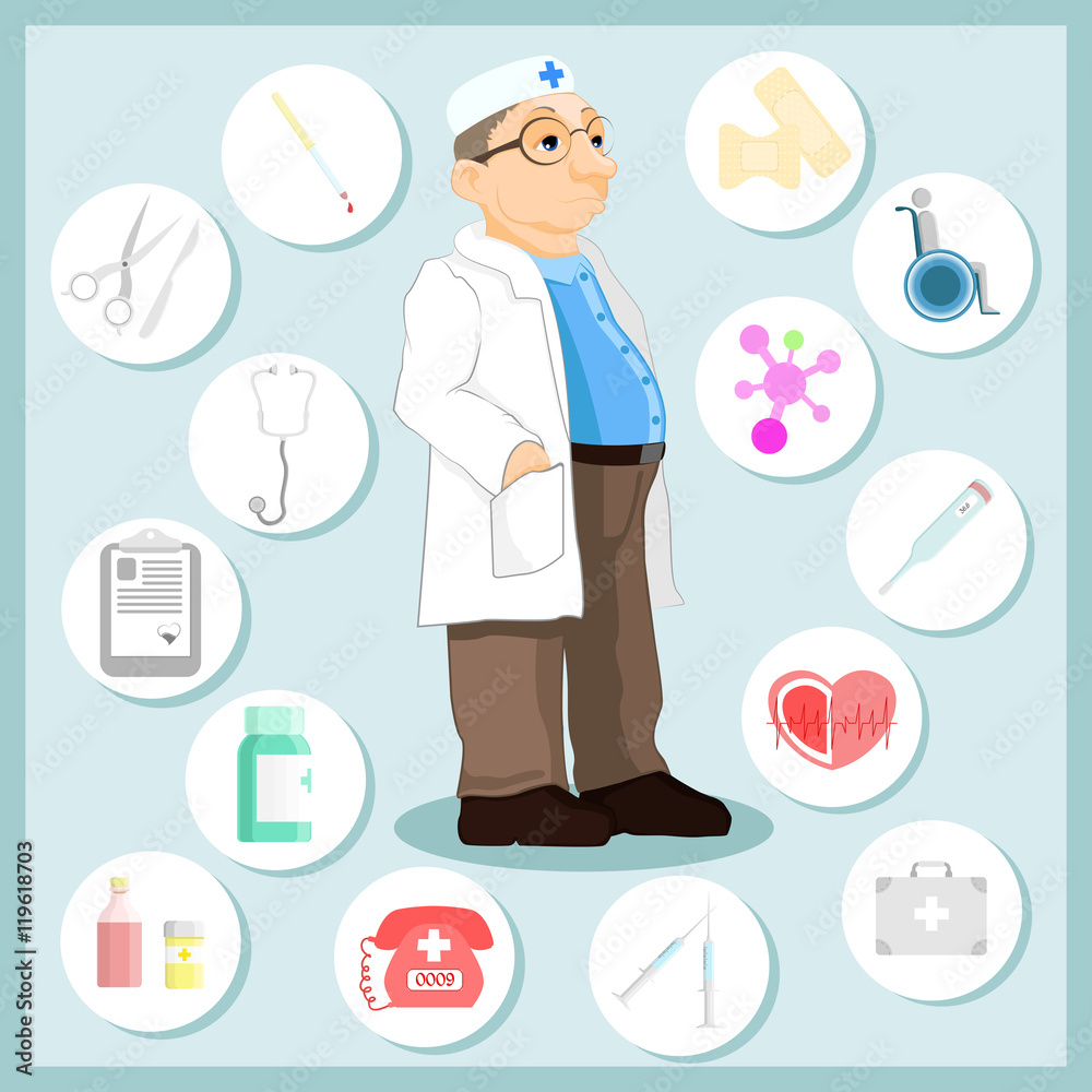 Doctor in cartoon style. Set of icons on a medical theme. Doctor in cartoon style. Set of icons on a medical theme.