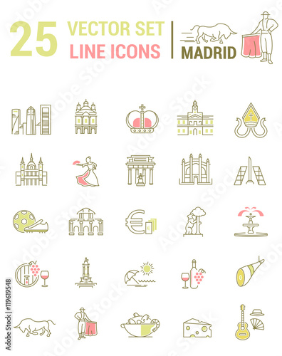 A set of graphical linear and flat icons with symbols of Madrid.