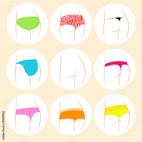 Set of icons with different types of women's panties. Silhouette of female ass  different shorts. Vector illustration Stock Vector