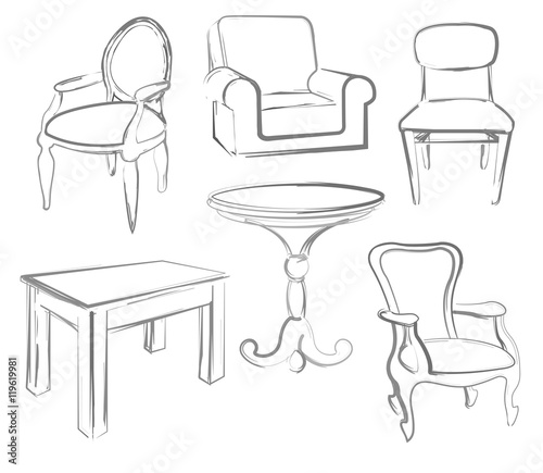 Sketch set isolated furniture. Different chairs and tables. Linear black furniture on a white background. Vector illustration.