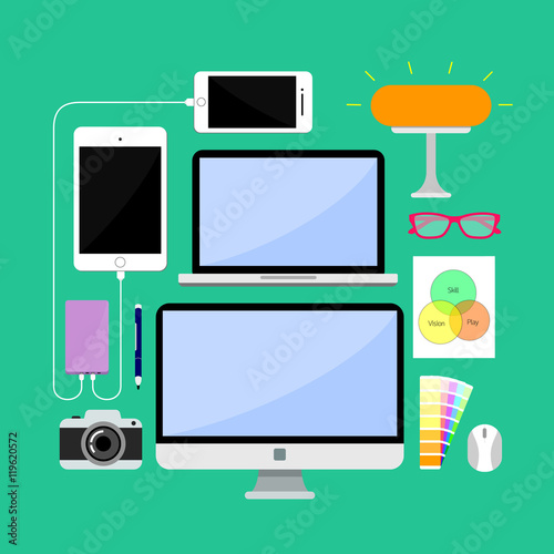 Cute flat computer. Vector illustration of hardware and accessory computing concept isolated on green background.