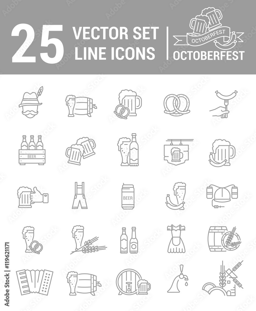 Vector set of icons on a theme of Oktoberfest in a linear design. Autumn beer festival, German national celebration of the completion of the harvest.