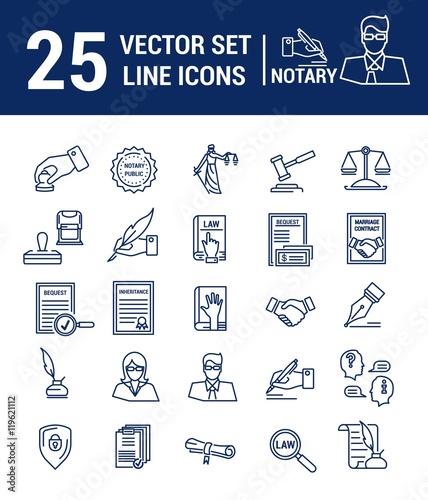 Vector set of icons in a linear design. Notary and notary office photo