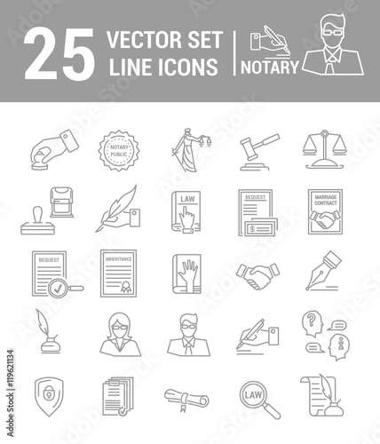 Vector set of icons in a linear design. Notary and notary office