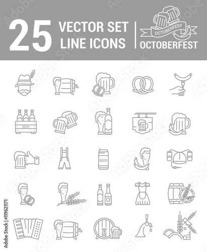 Vector set of icons on a theme of Oktoberfest in a linear design. Autumn beer festival, German national celebration of the completion of the harvest.