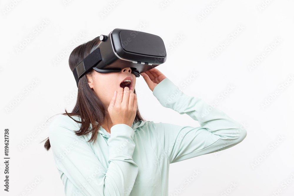 Woman feeling horrible with virtual reality device Woman feeling horrible with virtual reality device