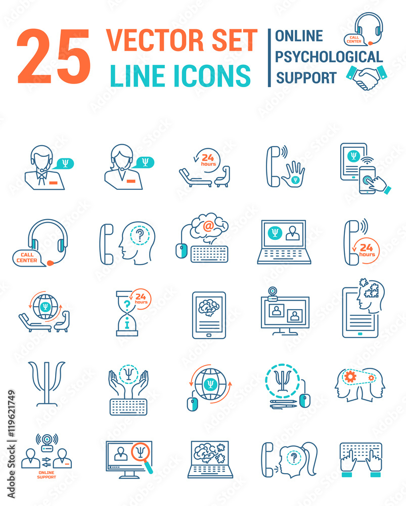 Set vector line icons in flat design with Online psychological s