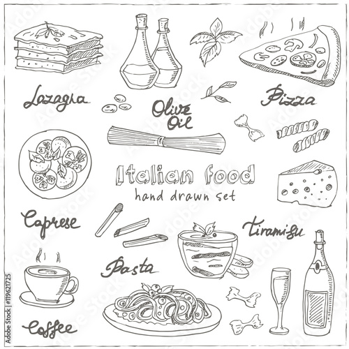 Vector hand drawn set with italian food. Vintage illustratio