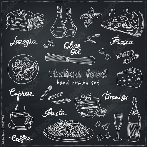 Vector hand drawn set with italian food. Vintage illustratio