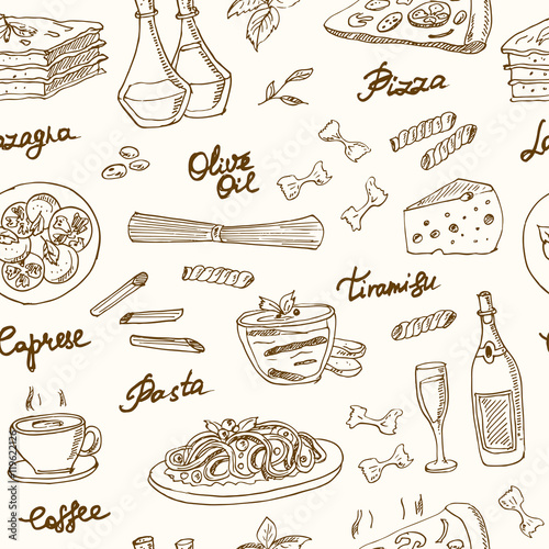 Vector hand drawn seamless pattern with italian food. Vintage illustratio