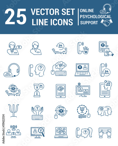 Set vector line icons in flat design with Online psychological s