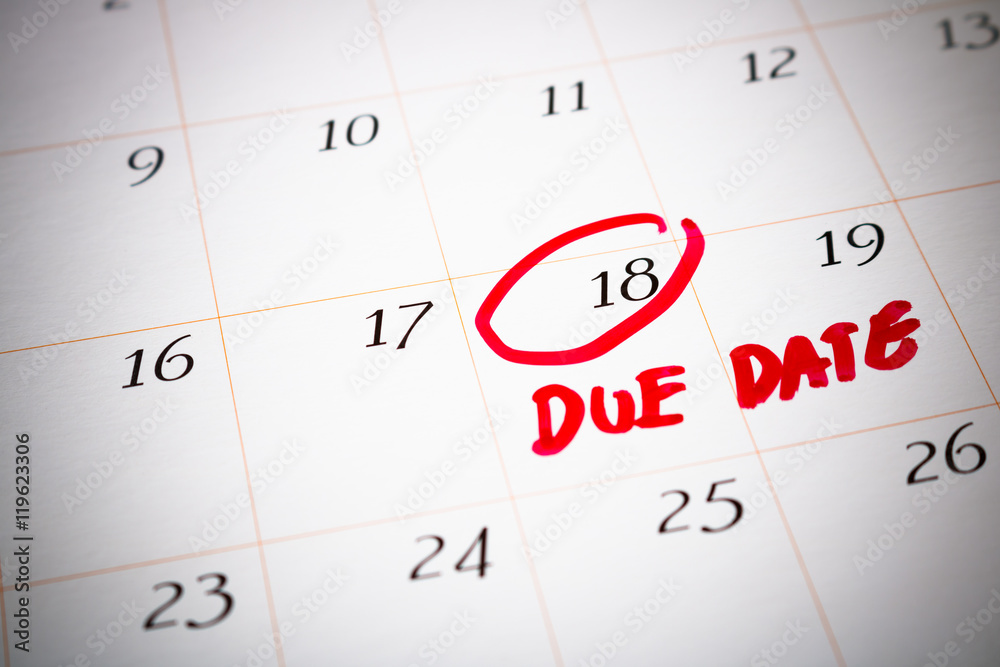 Due Date day, the 18th, Red circled mark on a white calendar, as Due Date day, the 18th, Red circled mark on a white calendar, as