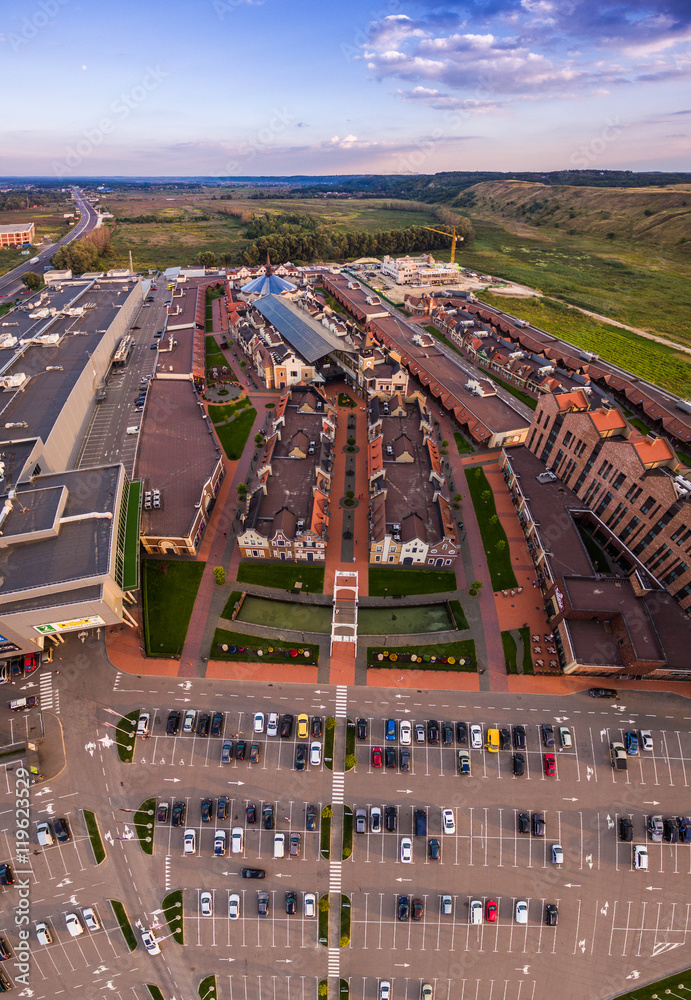 New outlet Center of Kiev suburbs in the Dutch style. Ukraine. Aerial