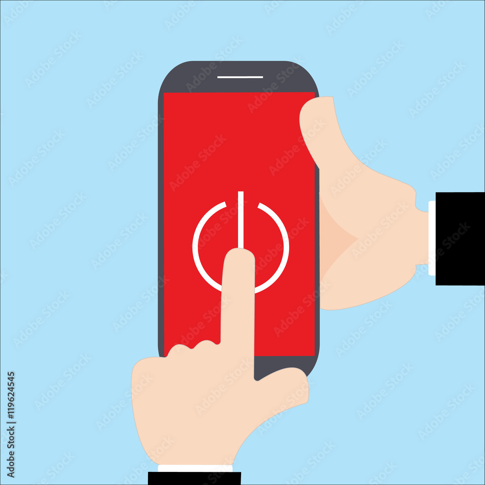 Man hands using phone show touch on off button, vector Man hands using phone show touch on off button, vector