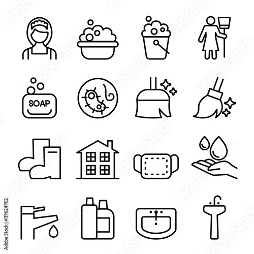 Cleaning , Housekeeping , wipe, washing icon set in thin line st