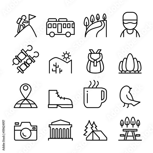 Adventure & Travel icon set in thin line style