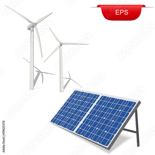 wind turbines and solar panel, vector illustration