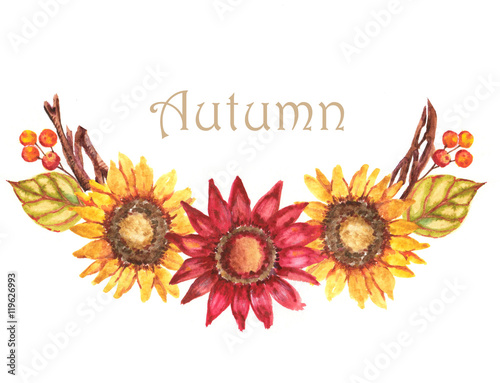 Fototapeta Naklejka Na Ścianę i Meble -  Hand-drawn watercolor illustration of the beautiful autumn bouquet with sunflowers and berries. Isolated on the white background