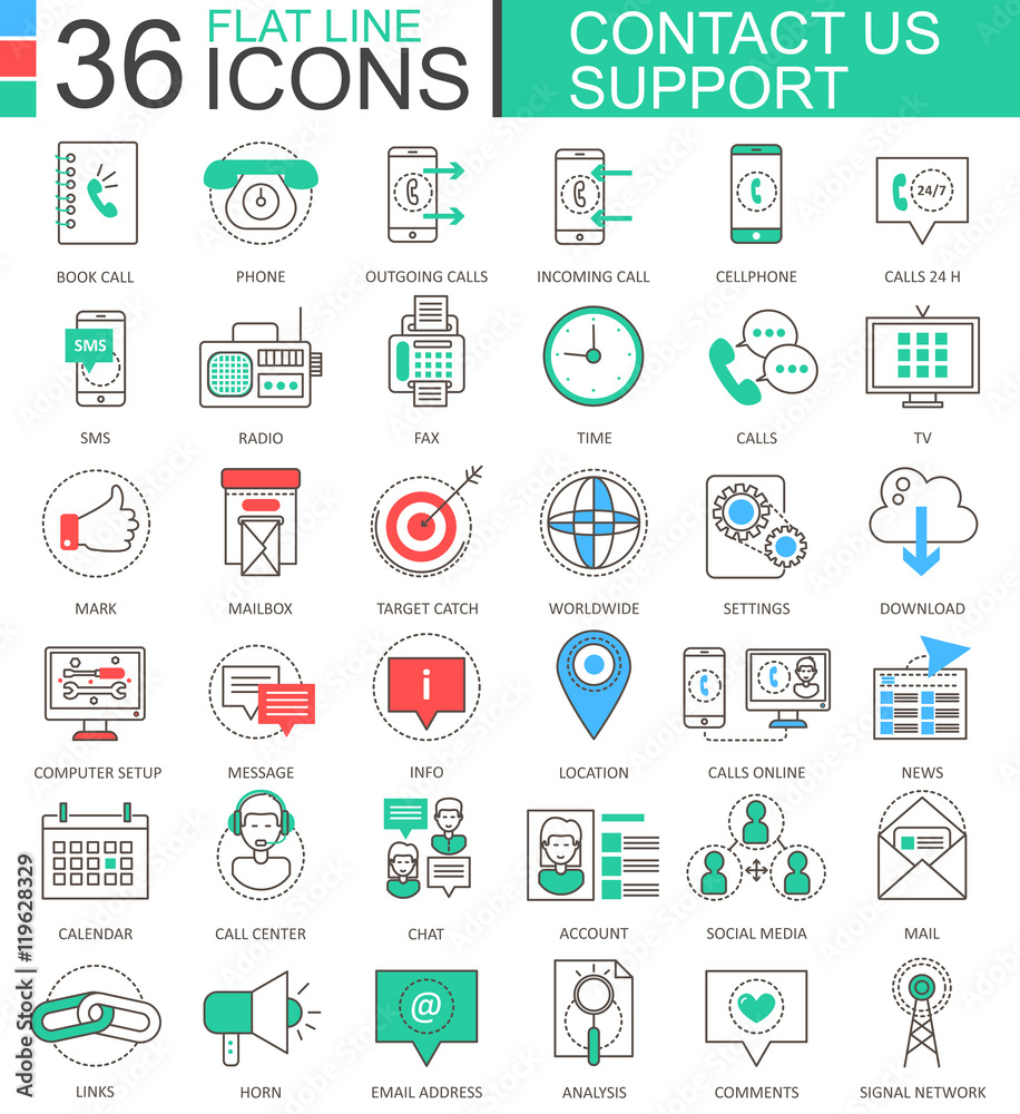 Vector Contact us support modern color flat line outline icons for apps and web design.