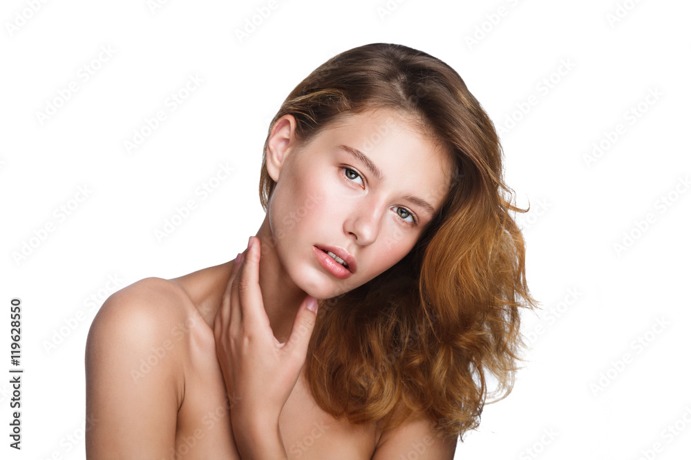 Obraz premium Portrait of young beautiful woman with bare shoulders and fresh