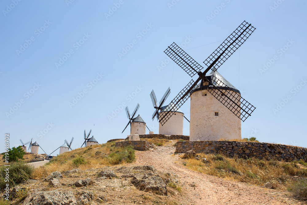 Group of windmills in Campo de Criptana. La Mancha, Consuegra, Don Quixote route, Spain, Europe