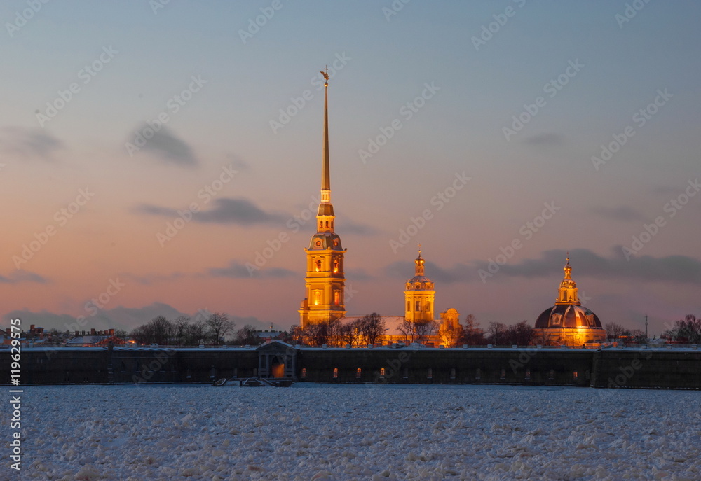 Peter and Paul Fortress at night in winter St. Petersburg