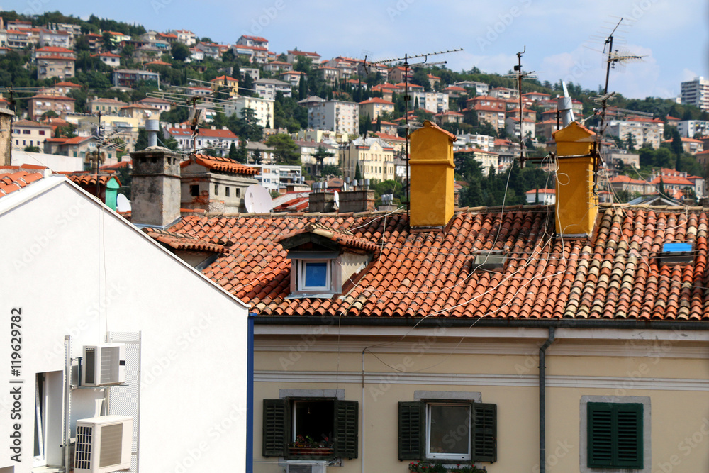Old roofs and chimneys in Rijeka, Croatia. Selective focus. Rijeka is selected as the European Capital of Culture for 2020.
