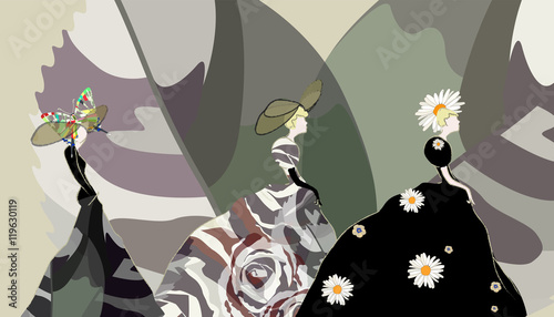 Abstract sketch girl model, dress, floral hat, Fashion Week, show