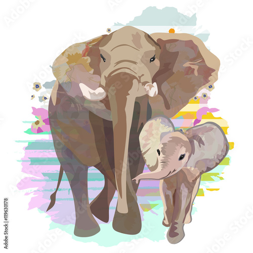 Abstract draw of elephant family (mom and baby), background colorful striped watercolor stains