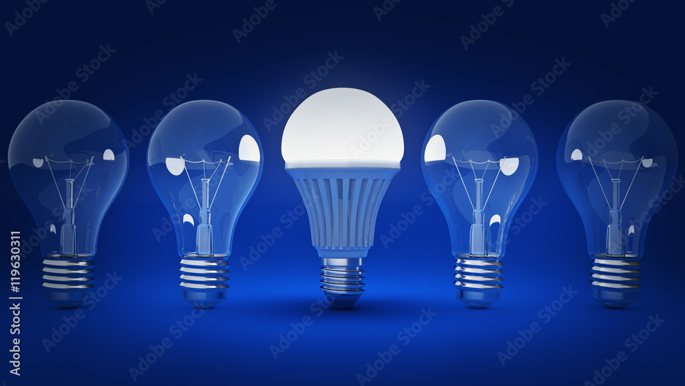 Glowing LED bulb and simple light bulbs. 3d rendering Glowing LED bulb and simple light bulbs. 3d rendering