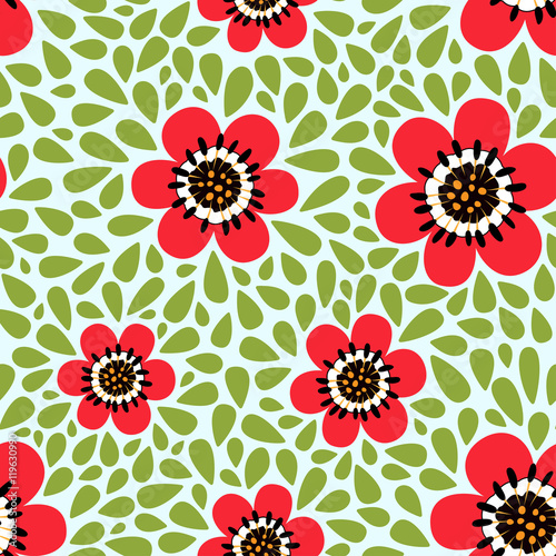 Seamless pattern with poppy flowers with leaves