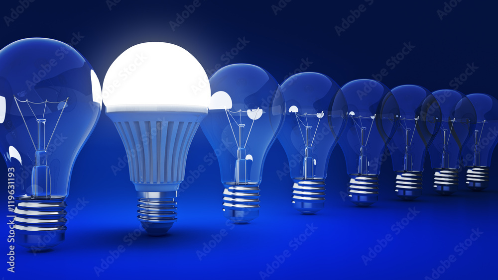 Glowing LED bulb and simple light bulbs. 3d rendering Glowing LED bulb and simple light bulbs. 3d rendering