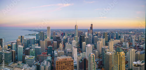 Aerial view of Chicago downtown skyline at sunset