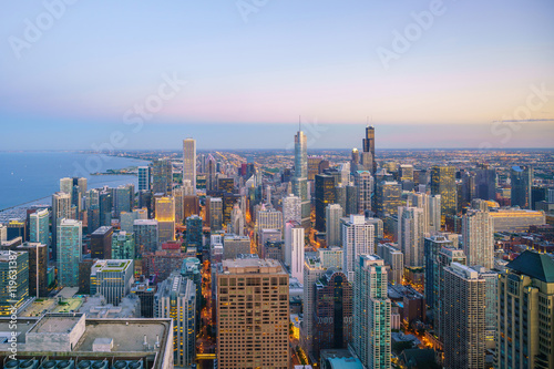 Fototapeta Naklejka Na Ścianę i Meble -  Aerial view of Chicago downtown skyline at sunset