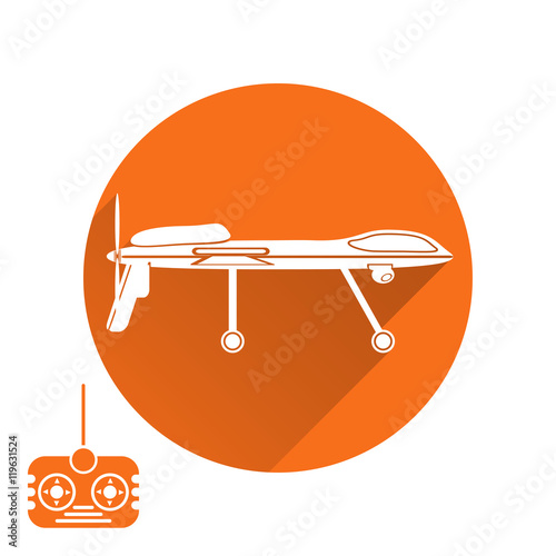 Vector isolated icon of drone silhouette with shadow and remote control on the orange background.