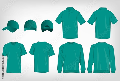 Teal or blue-green t-shirt, sweater, polo shirt and baseball cap isolated set 