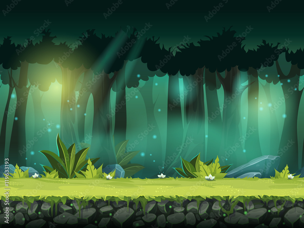 Naklejka premium Poziome bezszwowe ilustracja wektorowa lasu w magicznej mgle