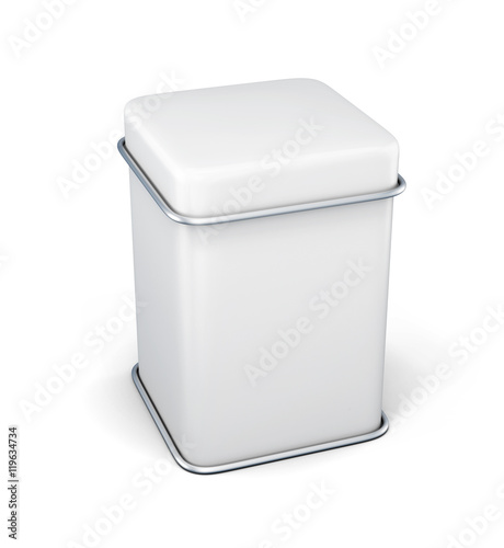 White tin box packaging container for tea or coffee isolated on